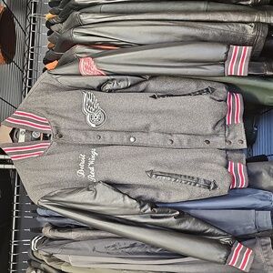 Mens red wings wool and leather bomber jacket